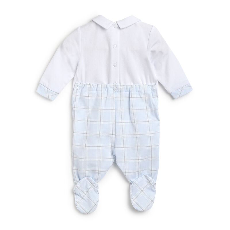Boys White and Light Blue Applique Nappy Opening Babysuit image number 1